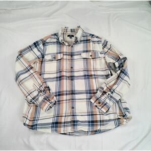 George Men’s XL Plaid Flannel Shirt Cream Blue Tan Button Front Soft Casual